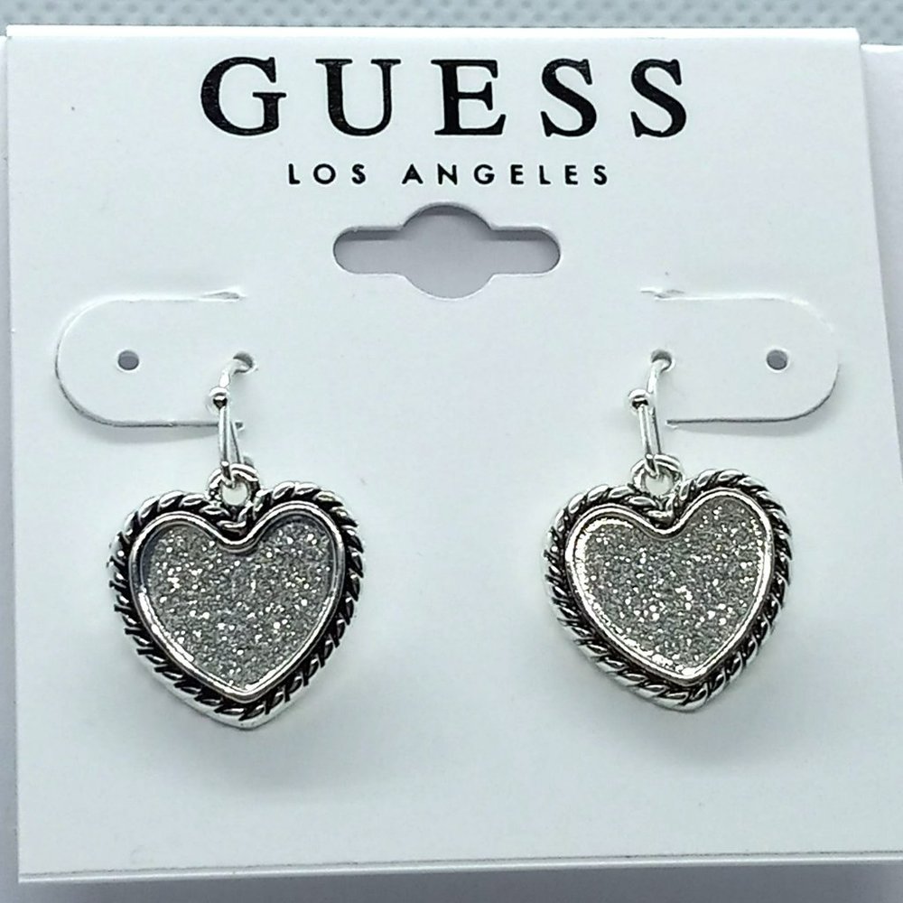 Guess Silver Tone Glittery Rope Outlined Heart Dangle Drop Pierced Earrings‎